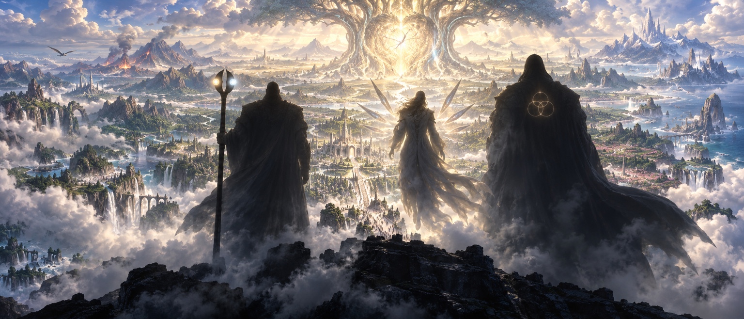 Three shadowed Elder Guardians looking across the First World beneath the First Heart
