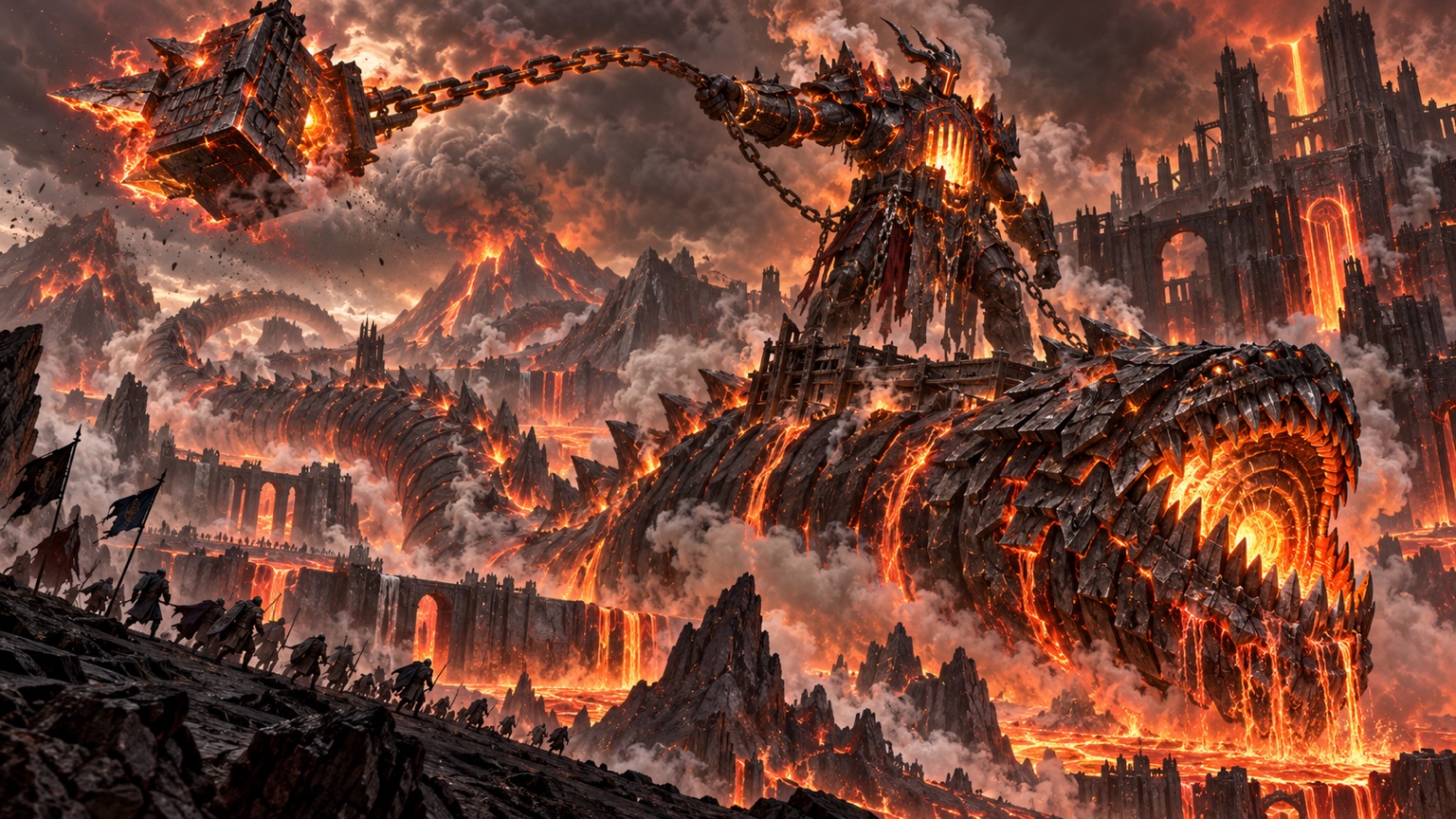 The colossal Guardian of the Ashen Expanse wielding a chained weapon