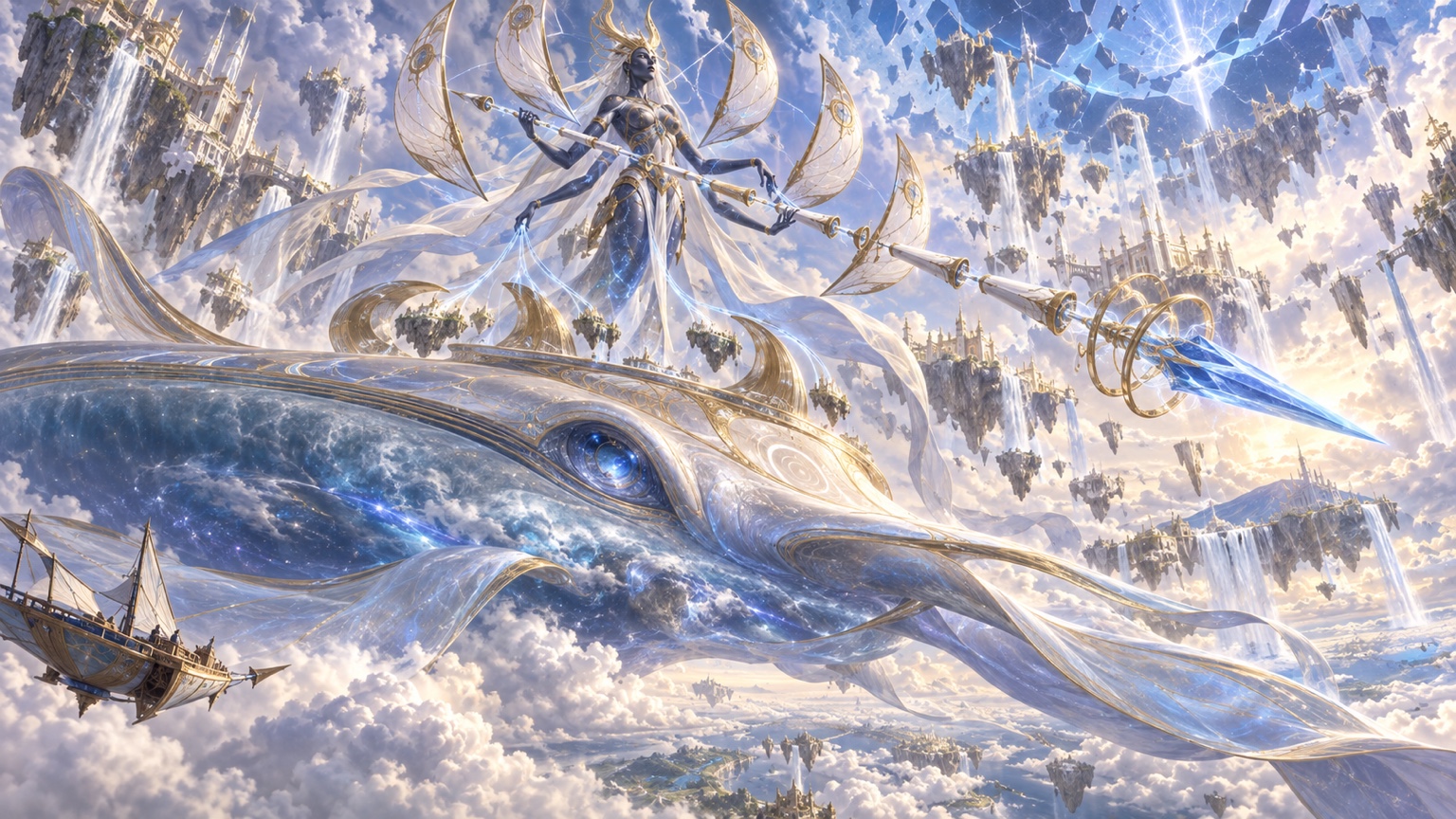 The colossal Guardian of the Celestial Highlands riding a celestial whale