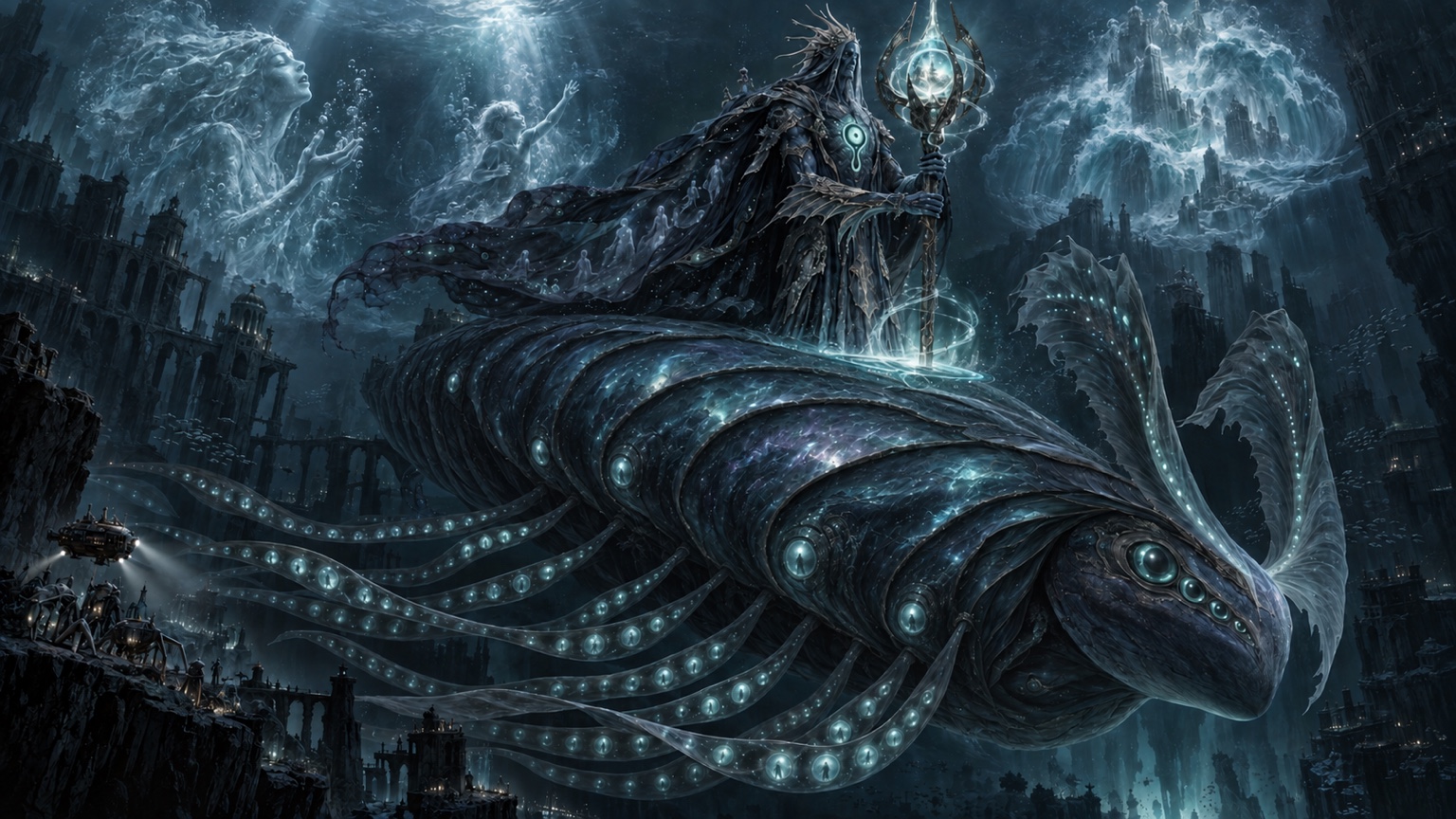 The colossal Guardian of the Abyssal Depths riding a vast sea creature